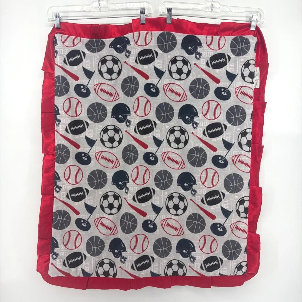 Minky Couture All Star Sports Baby Blanket Red Satin Ruffle Trim Football Soccer